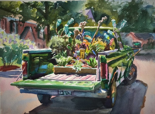 Wyatt Water's watercolor of Felder's Truck with a garden in the back